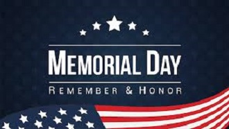 Words Memorial Day, remember and honor on dark blue background with top part of American flag waving across bottom of page