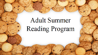 Assorted cookie border with words Adult Summer Reading Program inside