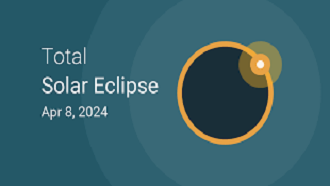 words "total solar eclipse April 8, 2024" beside a picture of the sun covered by the moon