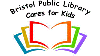 words Bristol Public Library Cares for Kids above rainbow colored cartoon book pages in open book