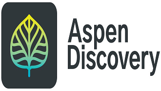 variegated yellow, green and blue aspen leaf on a black background with the words Aspen Discovery in black to the right of the leaf