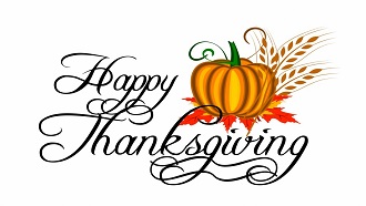 words Happy Thanksgiving in black script lettering next to a clipart pumpkin sitting on orange and red leaves with three wheat stalks behind it