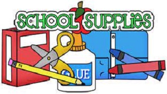 school supplies with picture of binder, folder, glue, scissors, pencil and crayons