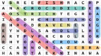 word search with animal names found in different colors